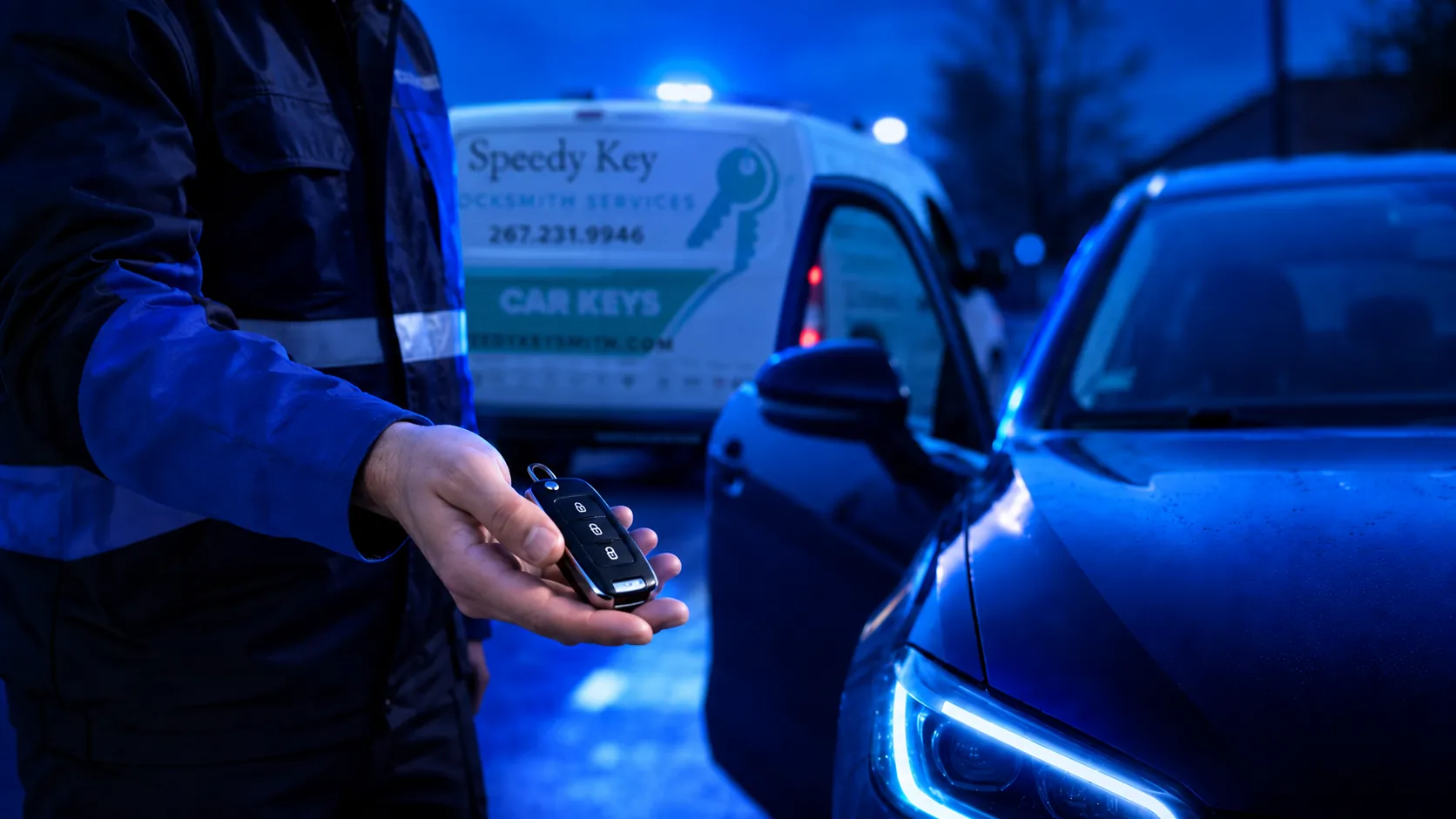 Mobile locksmith helping driver with locked car